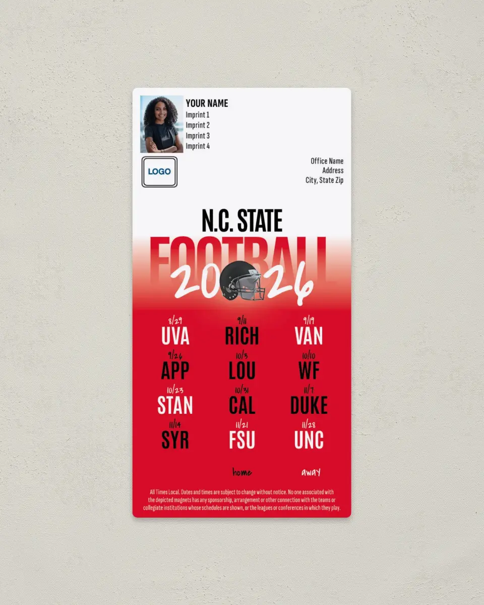 This is a 7" x 3½" Football Schedule Magnet called NC State Wolfpack printed in full color