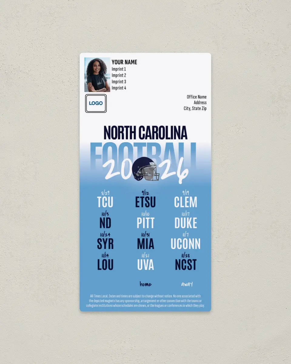 This is a 7" x 3½" Football Schedule Magnet called North Carolina TarHeels printed in full color