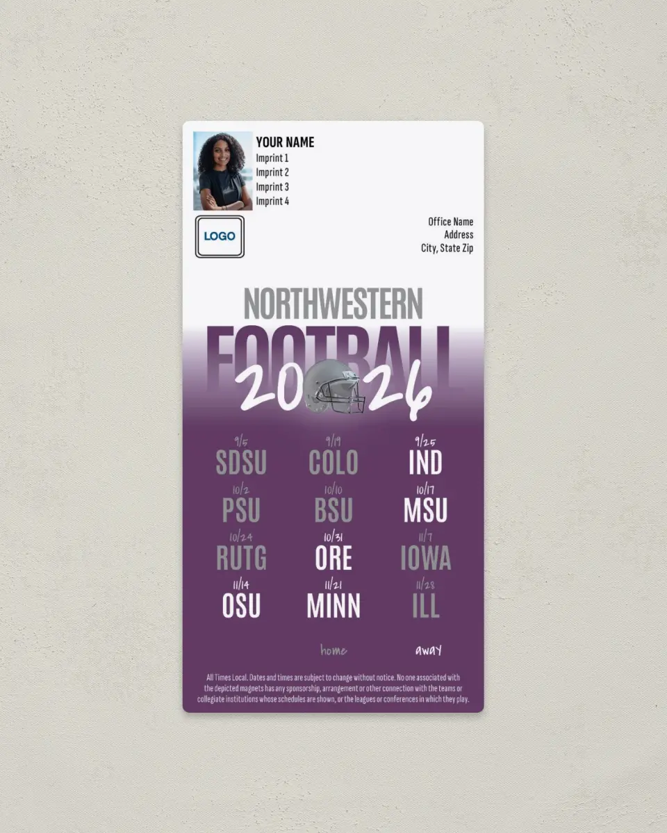 This is a 7" x 3½" Football Schedule Magnet called Northwestern Wildcats printed in full color