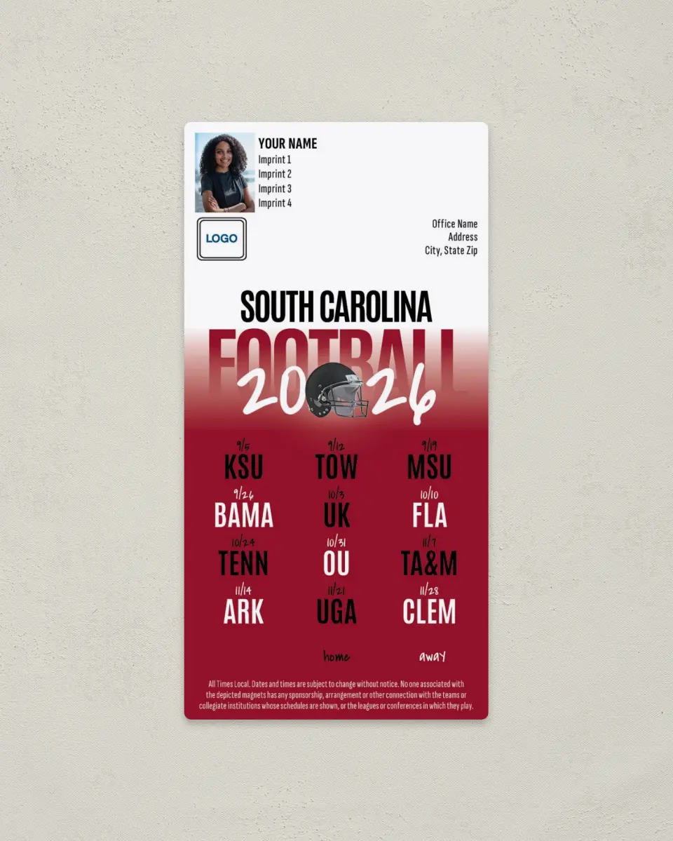 This is a 7" x 3½" Football Schedule Magnet called South Carolina Gamecocks printed in full color
