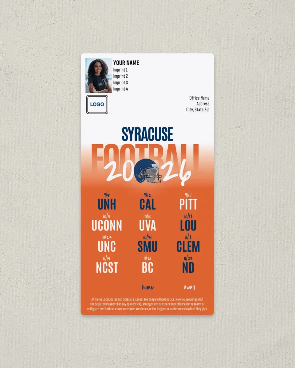 This is a 7" x 3½" Football Schedule Magnet called Syracuse Orange printed in full color