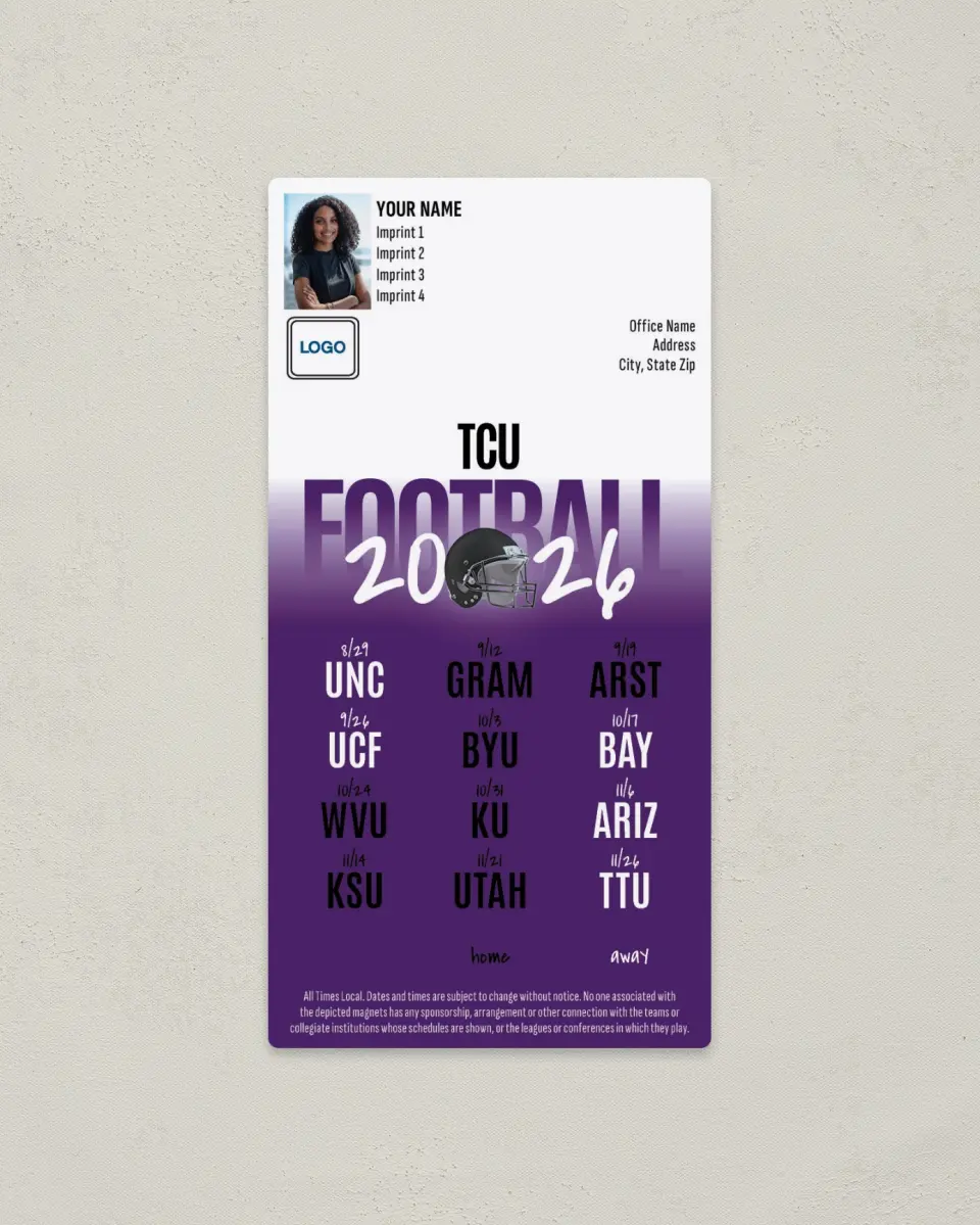 This is a 7" x 3½" Football Schedule Magnet called TCU Horned Frogs printed in full color