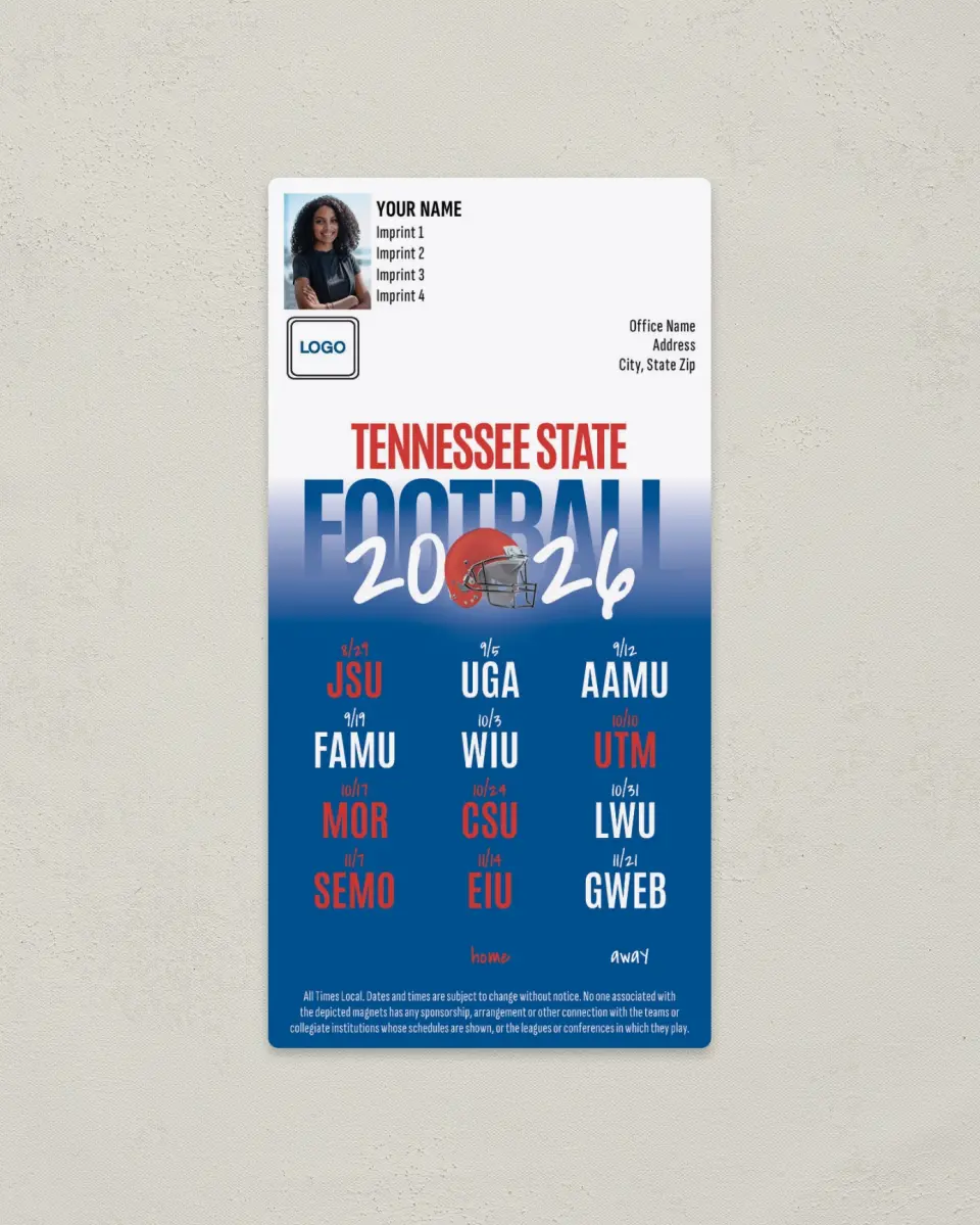 This is a 7" x 3½" Football Schedule Magnet called Tennessee State printed in full color