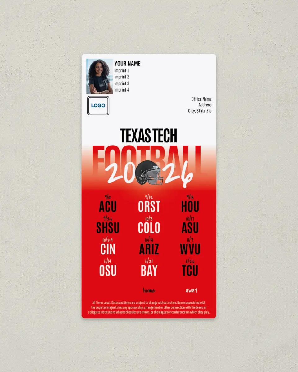 This is a 7" x 3½" Football Schedule Magnet called Texas Tech Red Raiders printed in full color