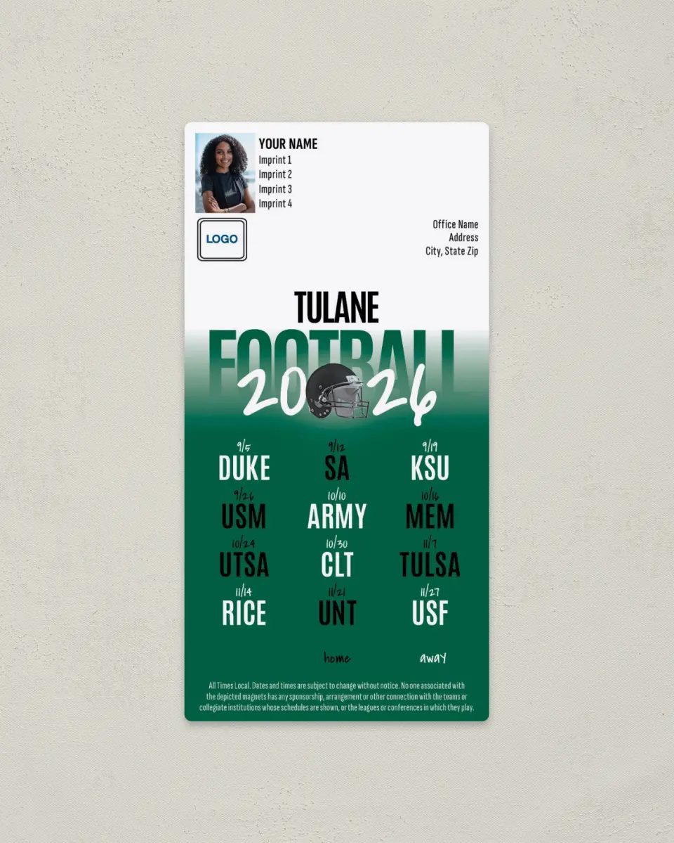 This is a 7" x 3½" Football Schedule Magnet called Tulane Green Wave printed in full color