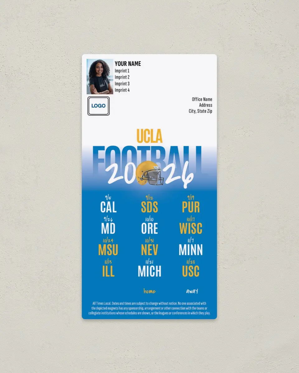 This is a 7" x 3½" Football Schedule Magnet called UCLA printed in full color