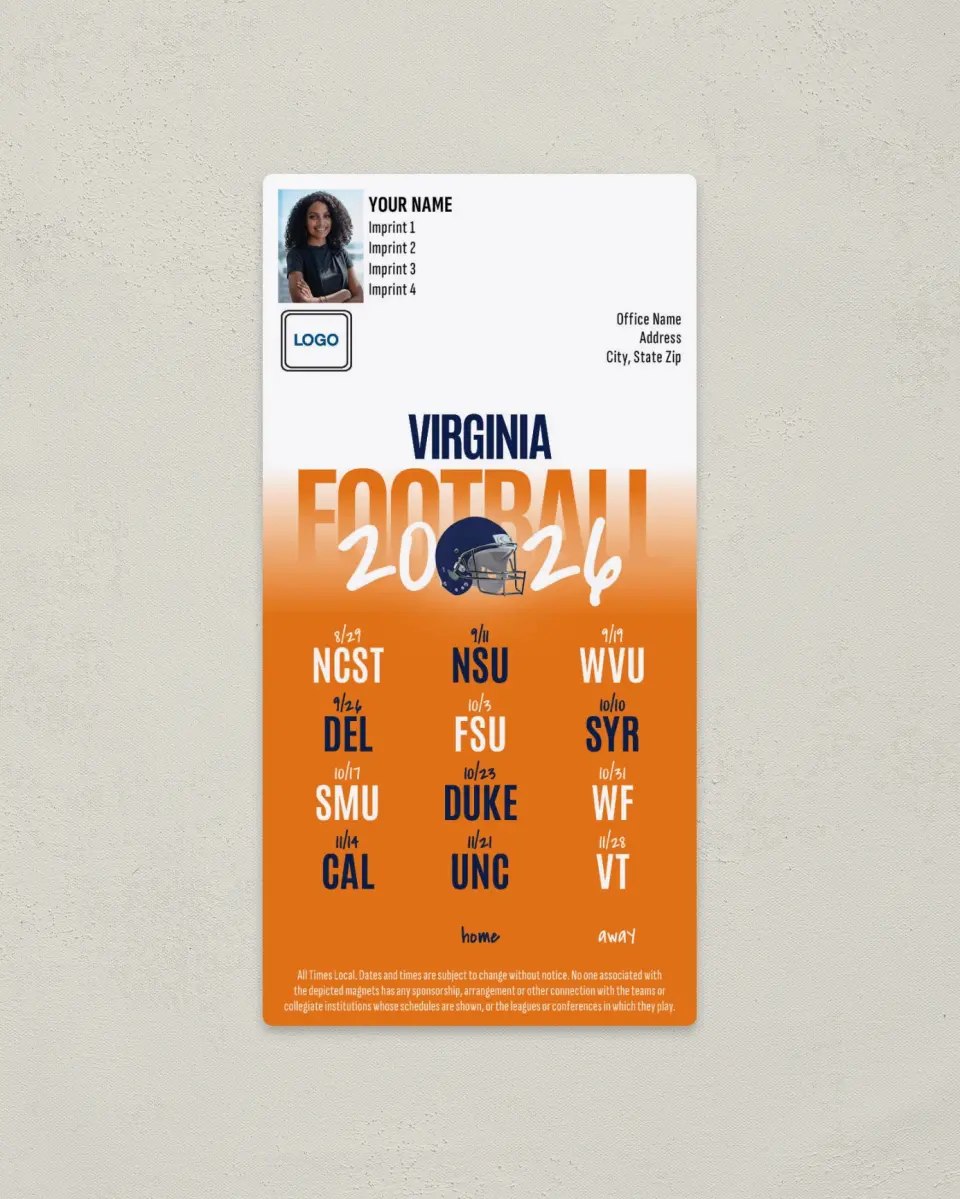 This is a 7" x 3½" Football Schedule Magnet called Virginia Cavaliers printed in full color