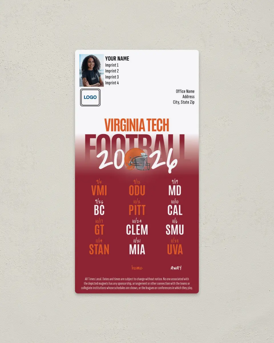 This is a 7" x 3½" Football Schedule Magnet called Virginia Tech Hokies printed in full color