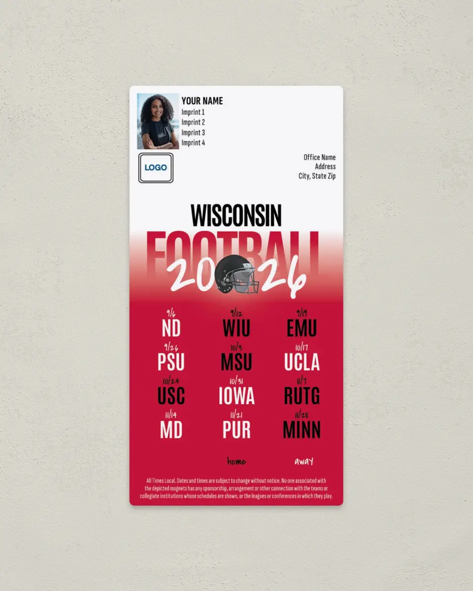 This is a 7" x 3½" Football Schedule Magnet called Wisconsin Badgers printed in full color