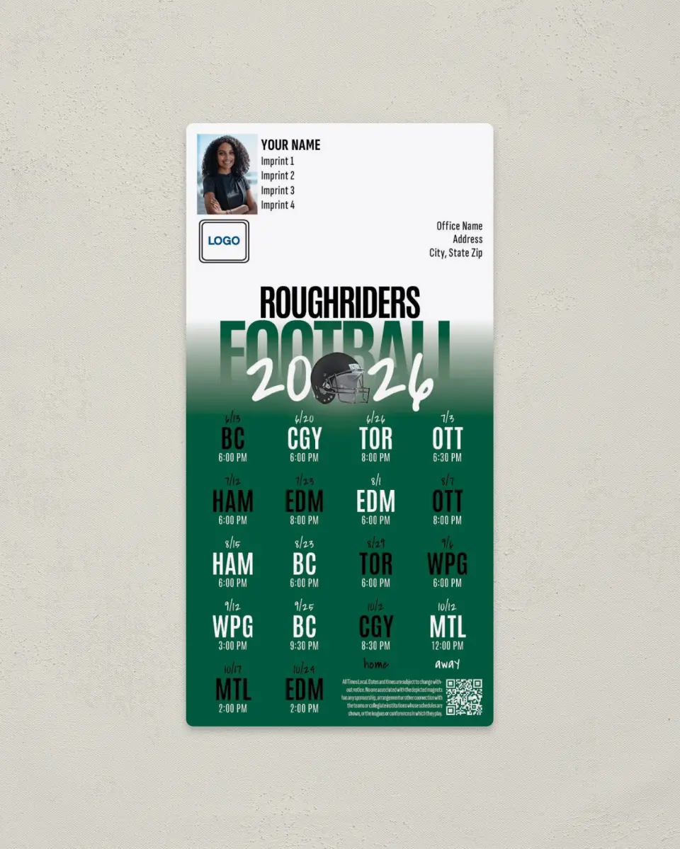 This is a 7" x 3½" Football Schedule Magnet called Saskatchewan Roughriders printed in full color
