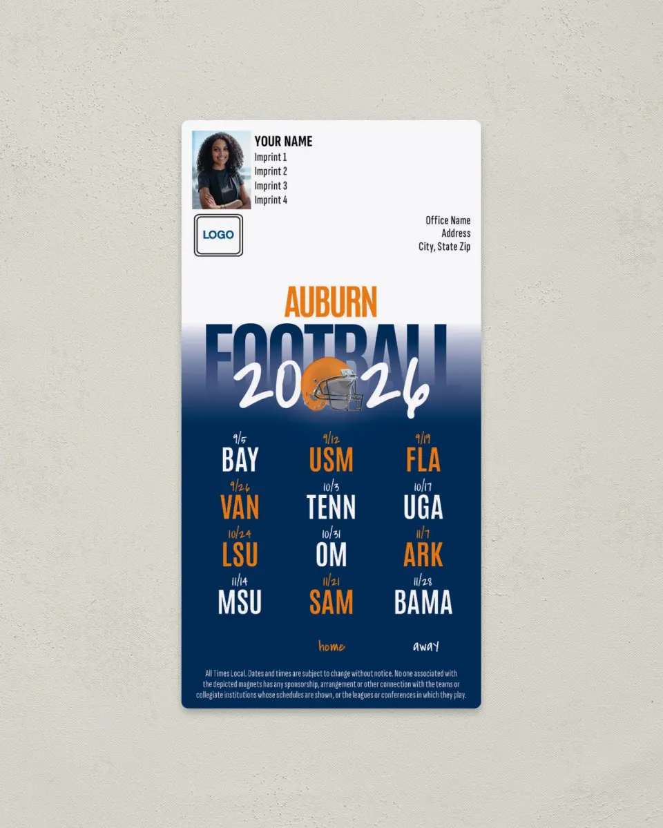 This is a 7" x 3½" Football Schedule Magnet called Auburn Tigers printed in full color