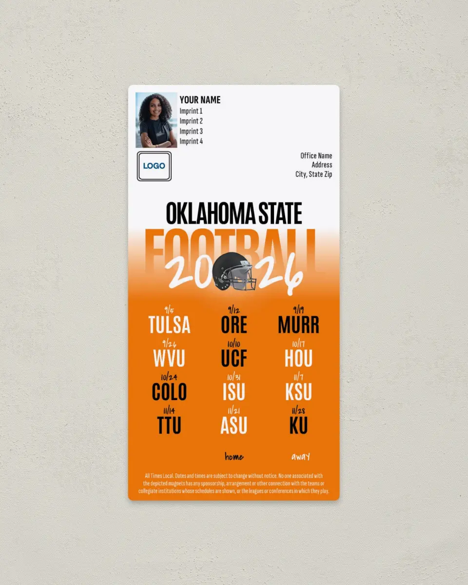 This is a 7" x 3½" Football Schedule Magnet called Oklahoma State Cowboys printed in full color