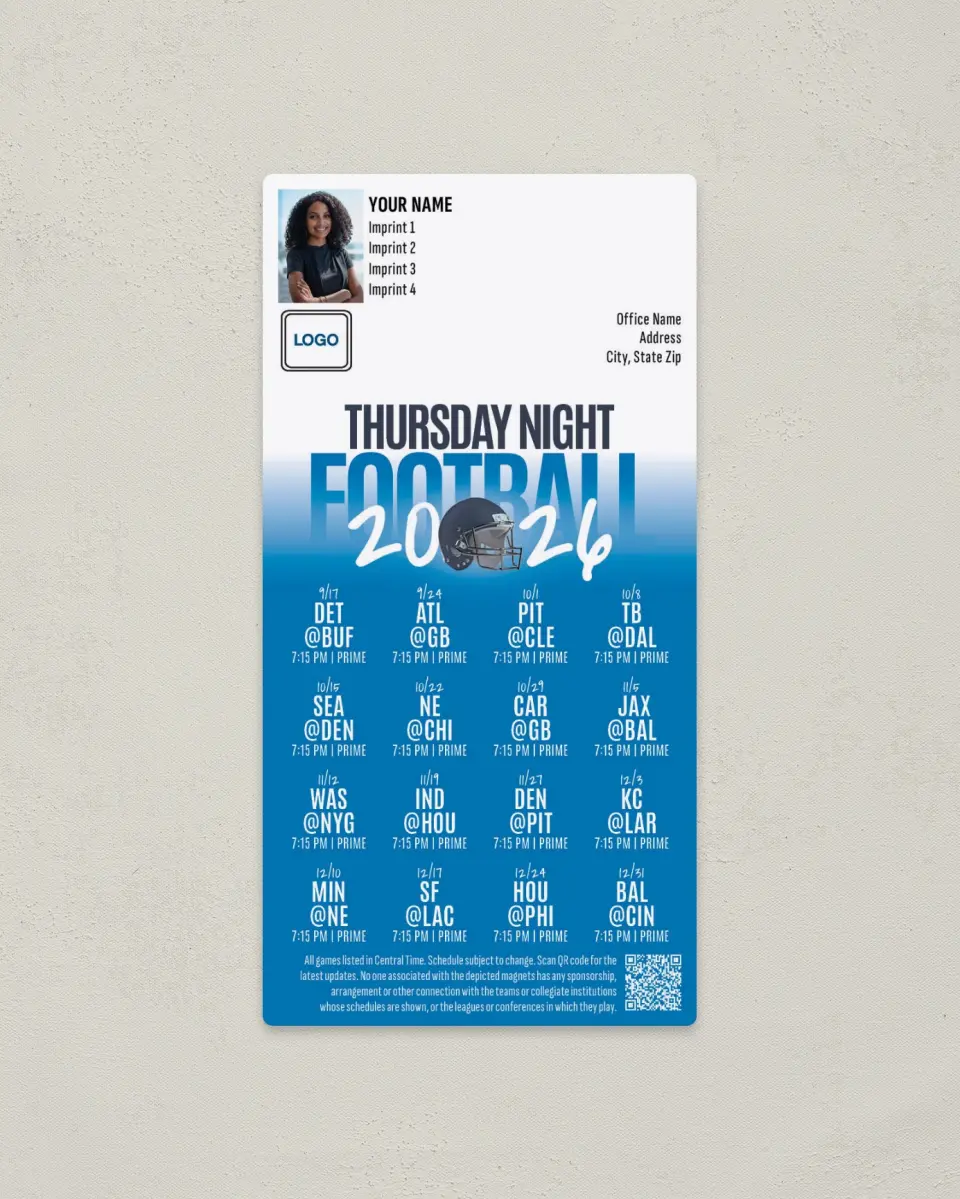 This is a 7" x 3½" Football Schedule Magnet called Thursday Night Football printed in full color