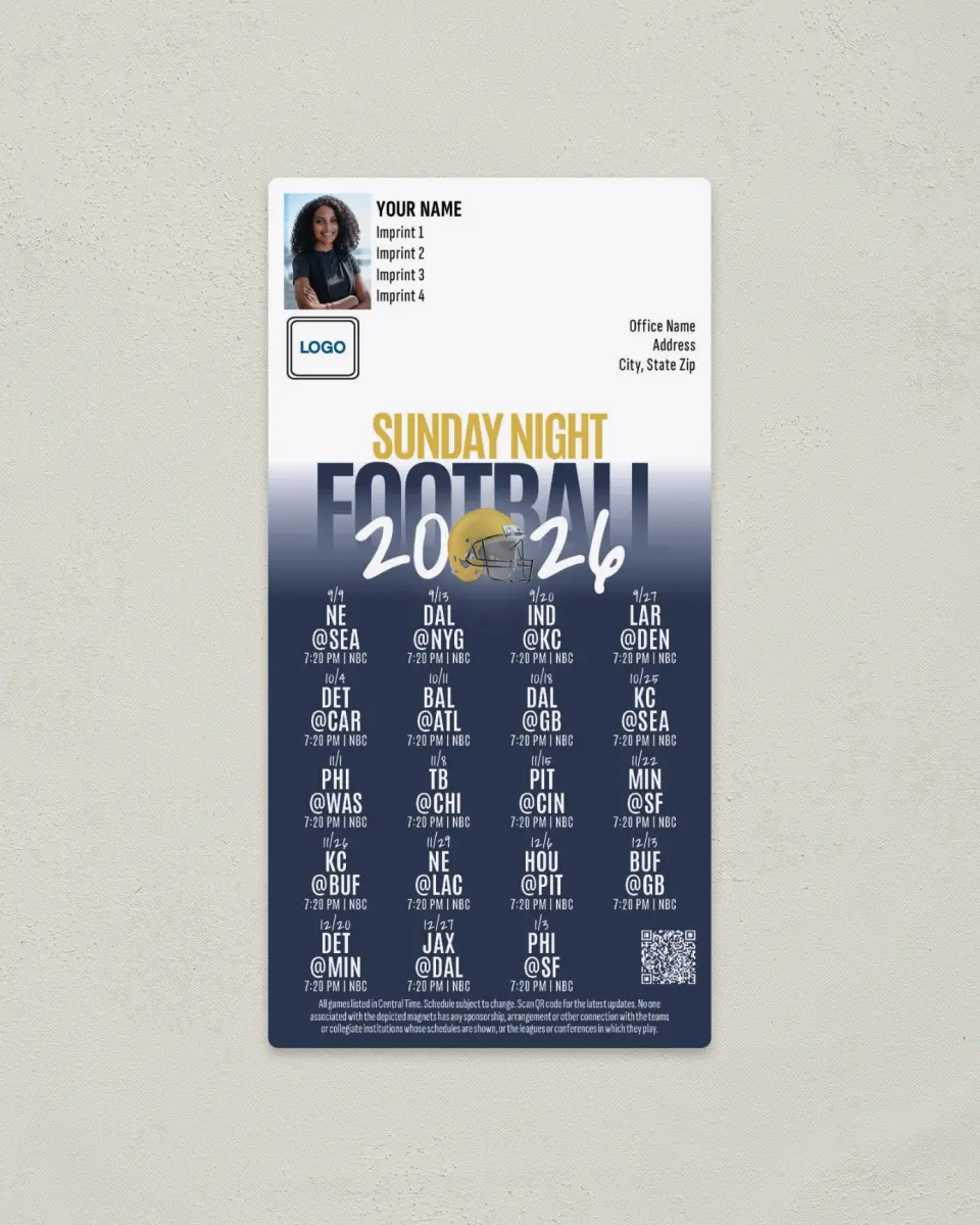 This is a 7" x 3½" Football Schedule Magnet called Sunday Night Football printed in full color