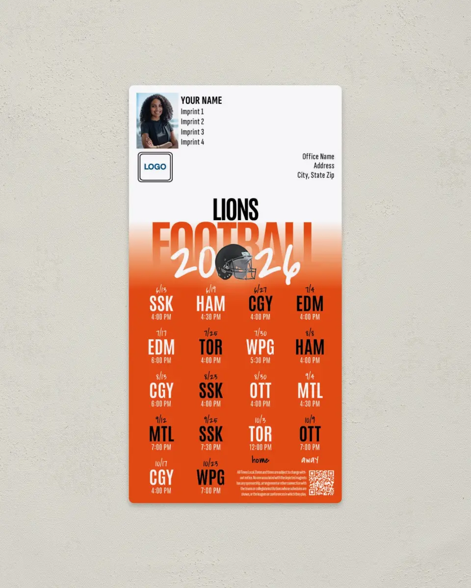 This is a 7" x 3½" Football Schedule Magnet called BC Lions printed in full color