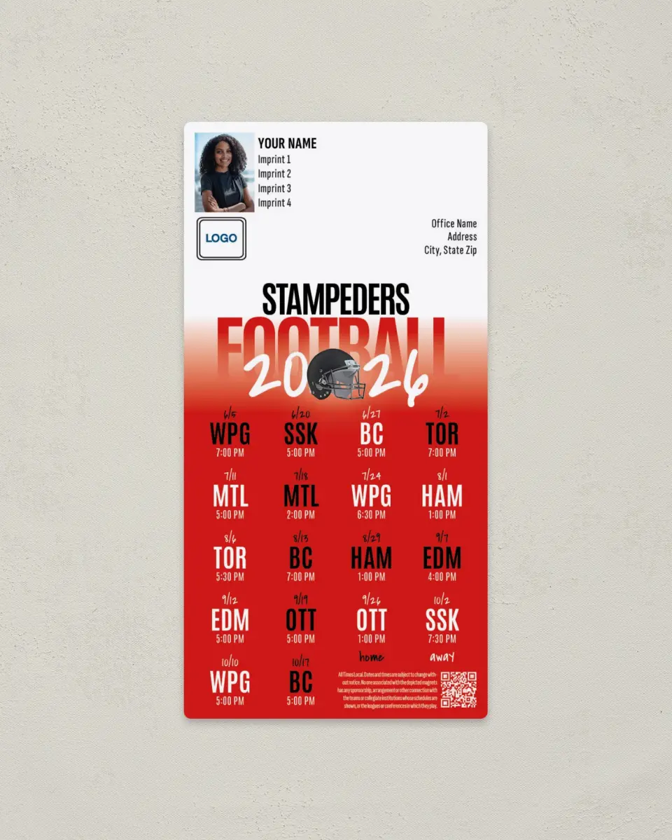This is a 7" x 3½" Football Schedule Magnet called Calgary Stampeders printed in full color