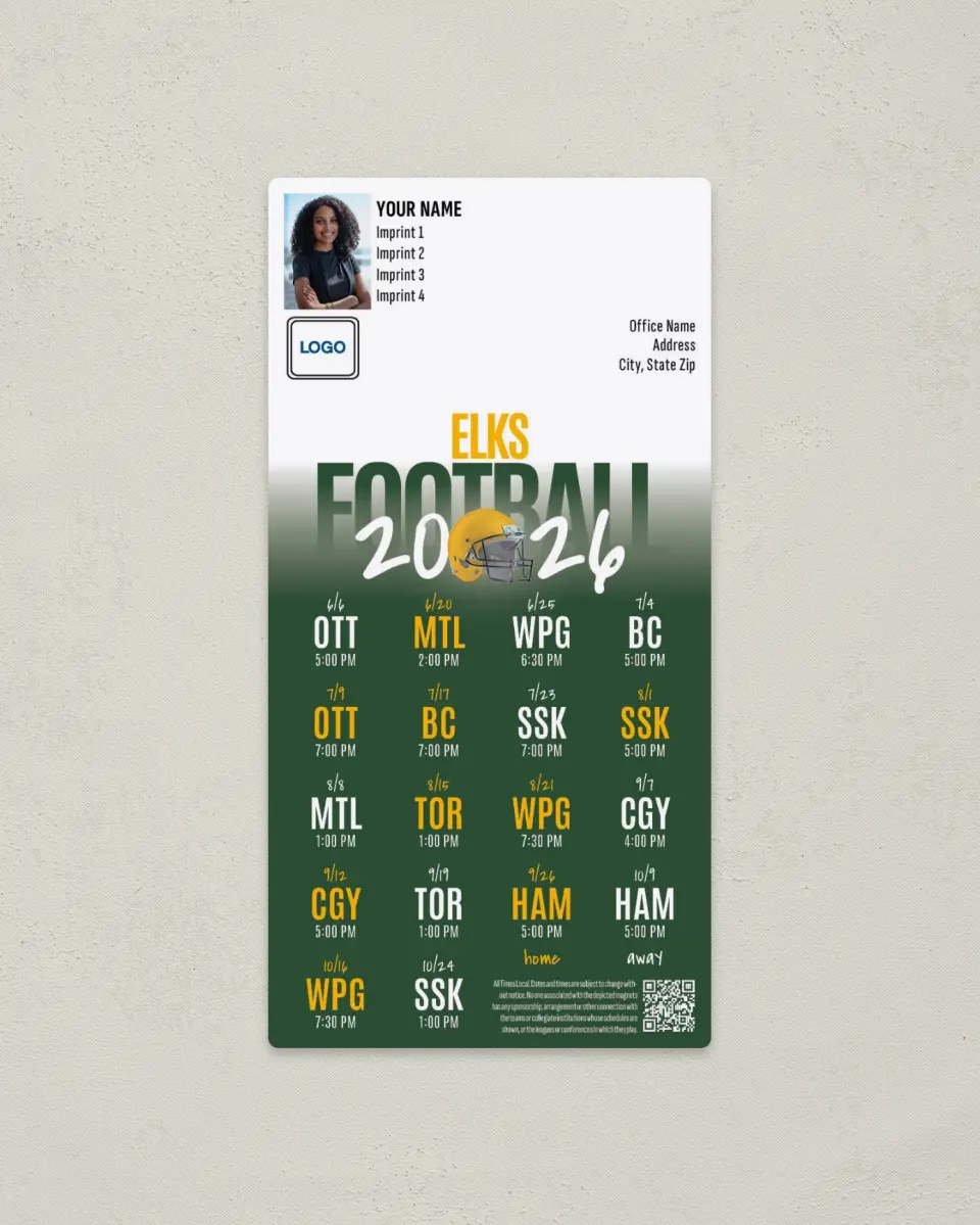 This is a 7" x 3½" Football Schedule Magnet called Edmonton Elks printed in full color