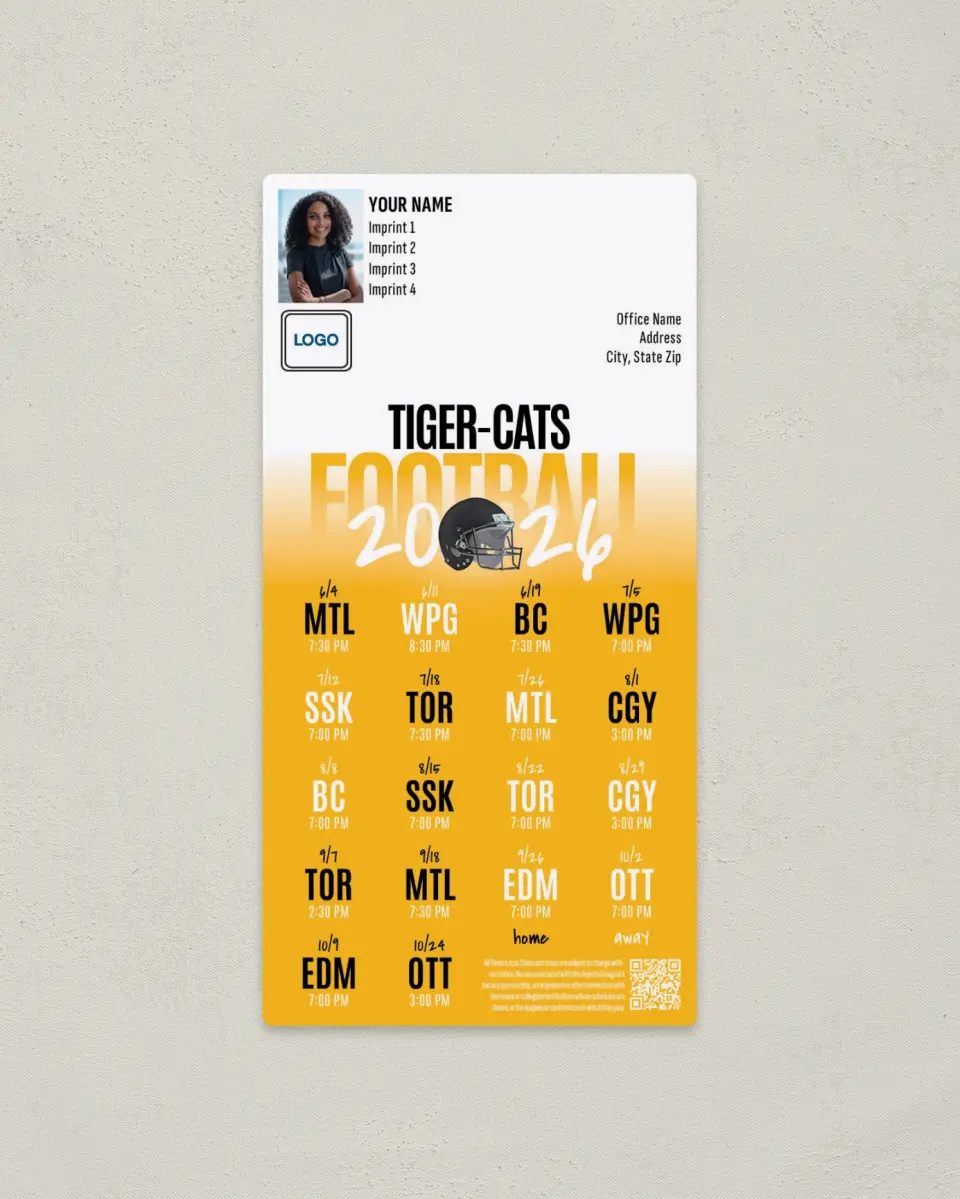 This is a 7" x 3½" Football Schedule Magnet called Hamilton Tiger Cats printed in full color