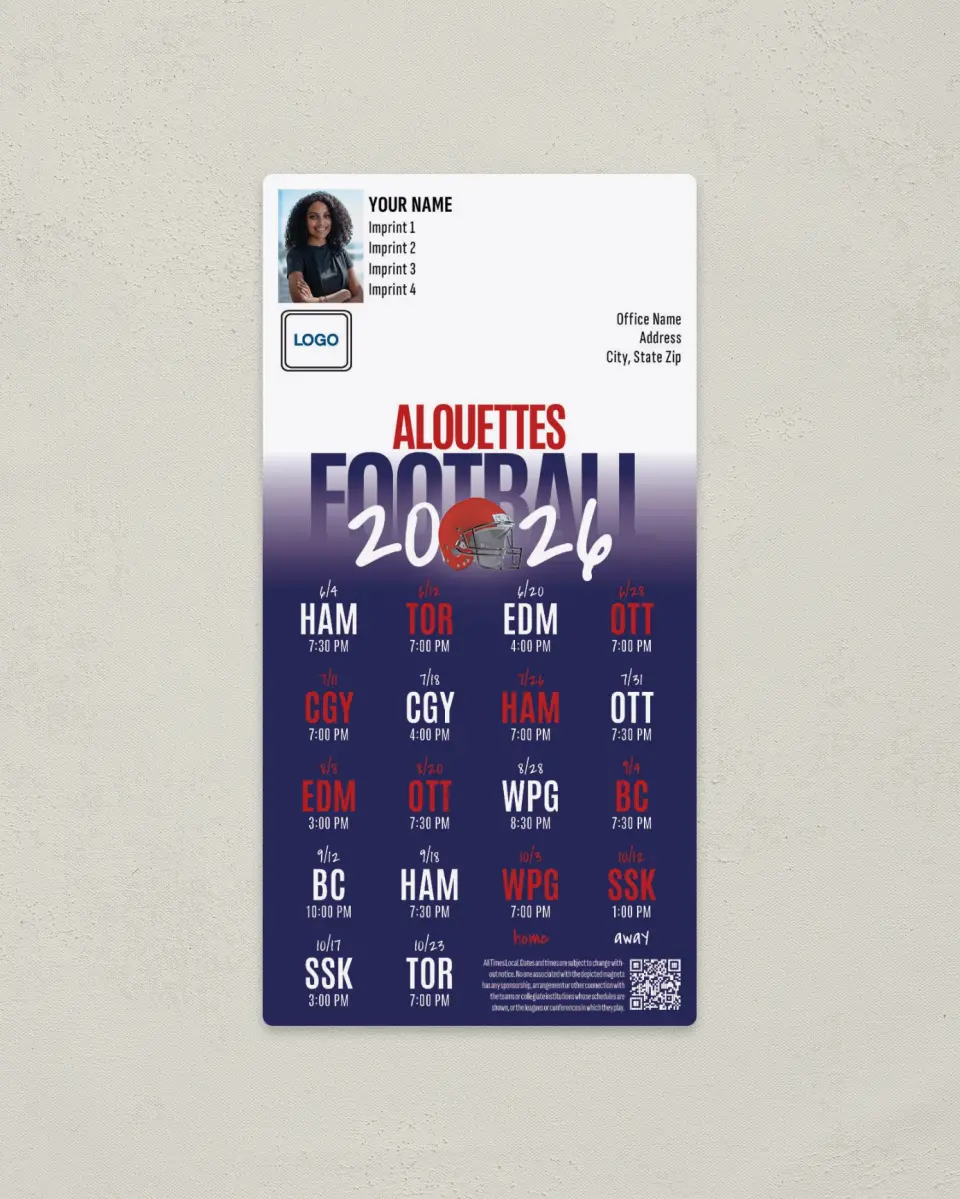 This is a 7" x 3½" Football Schedule Magnet called Montreal Alouettes printed in full color