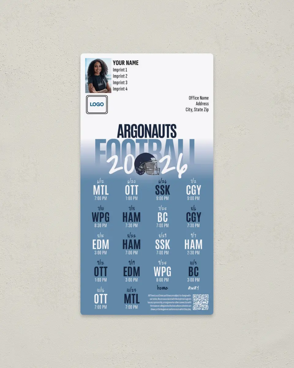 This is a 7" x 3½" Football Schedule Magnet called Toronto Argonauts printed in full color