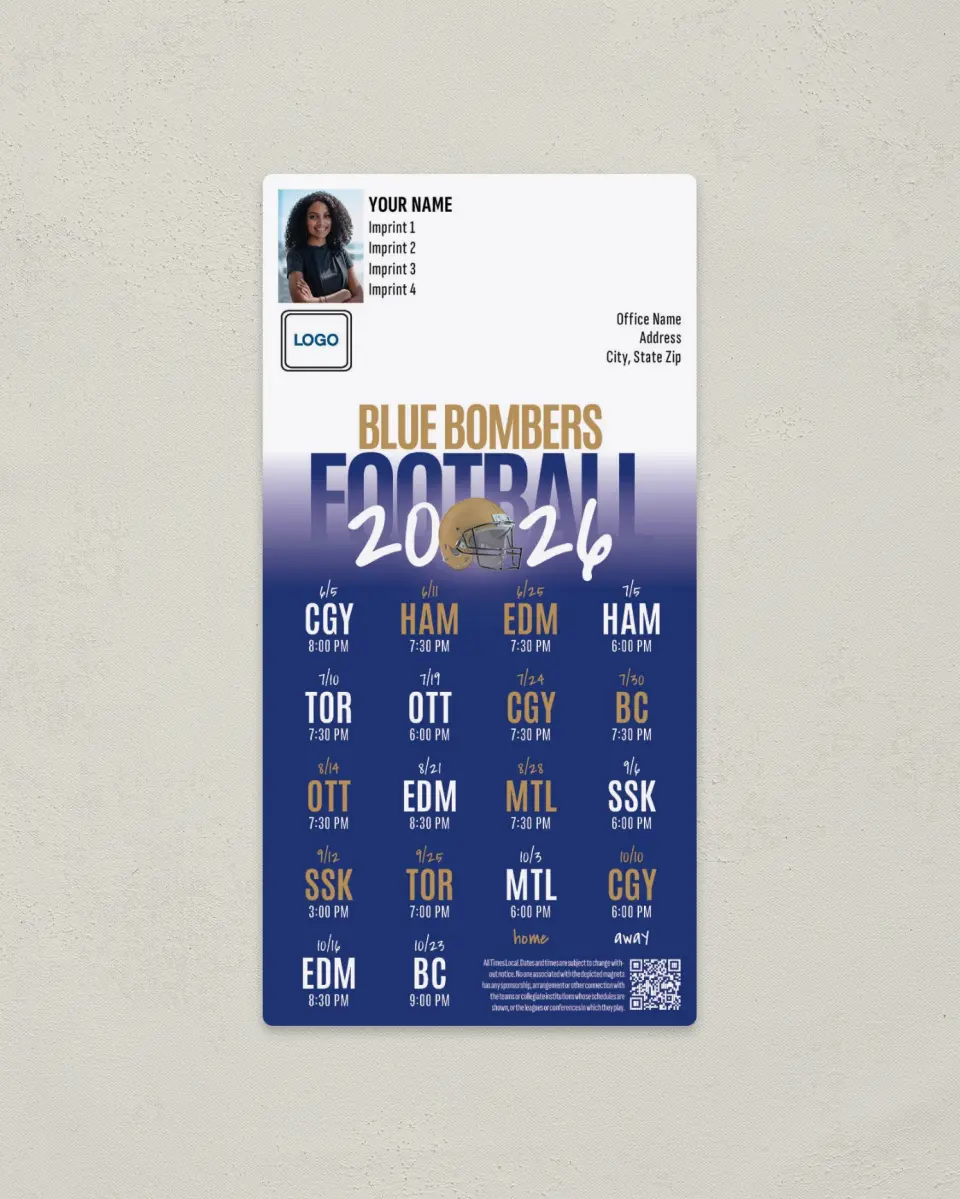 This is a 7" x 3½" Football Schedule Magnet called Winnipeg Blue Bombers printed in full color