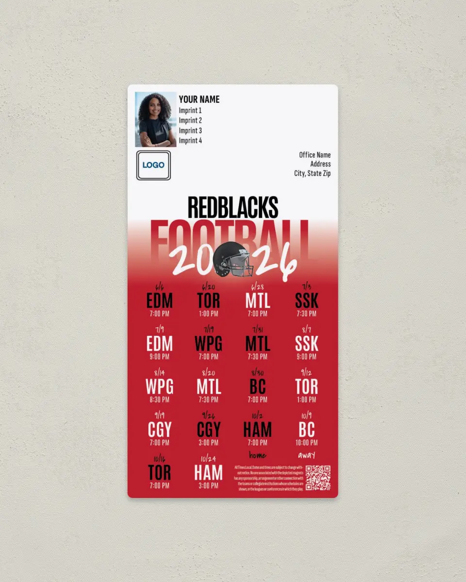 This is a 7" x 3½" Football Schedule Magnet called Ottawa Redblacks printed in full color
