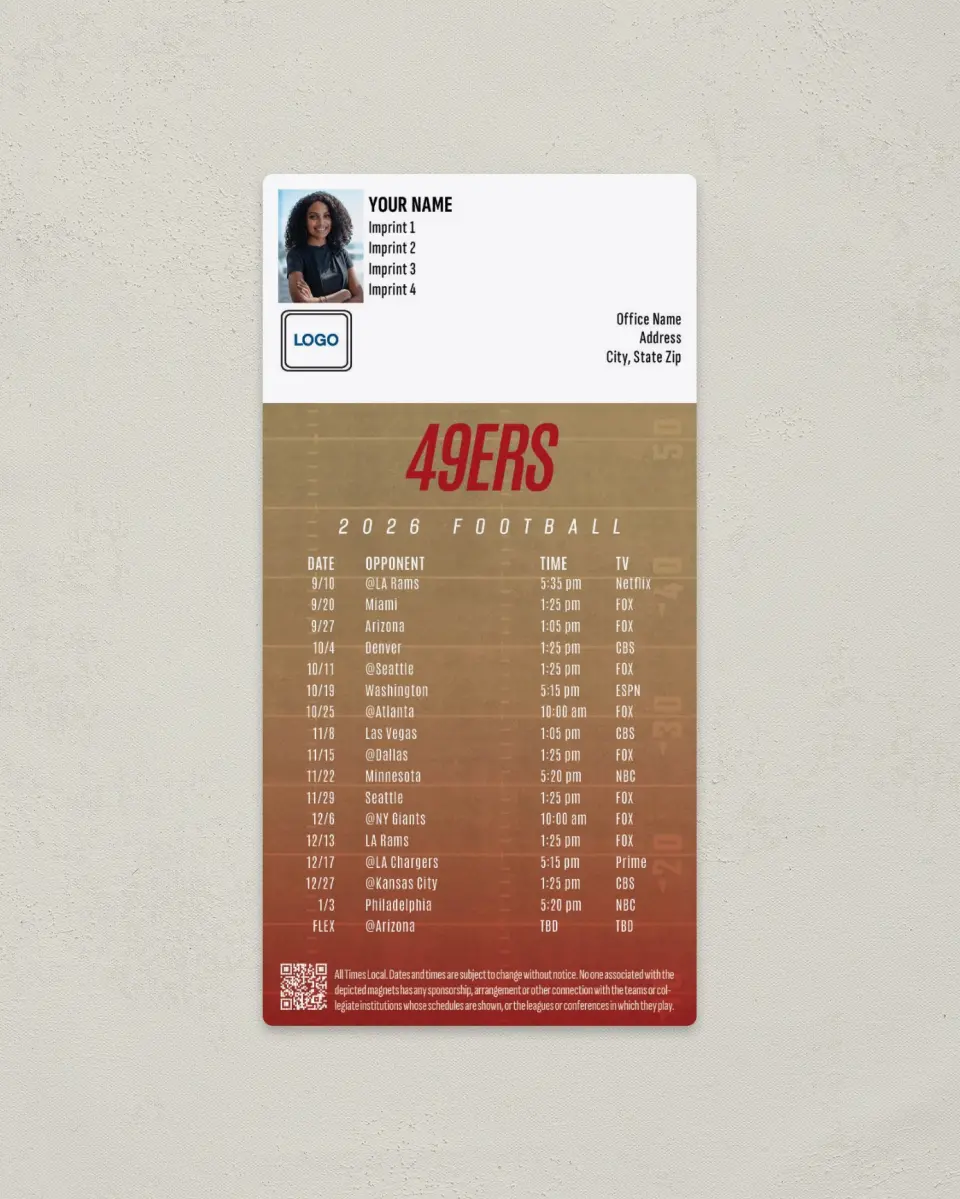 This is a 7" x 3½" Football Schedule Magnet called 49ers printed in full color