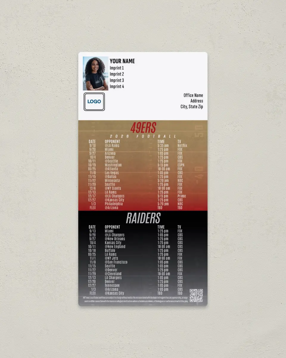 This is a 7" x 3½" Football Schedule Magnet called 49ers + Raiders printed in full color