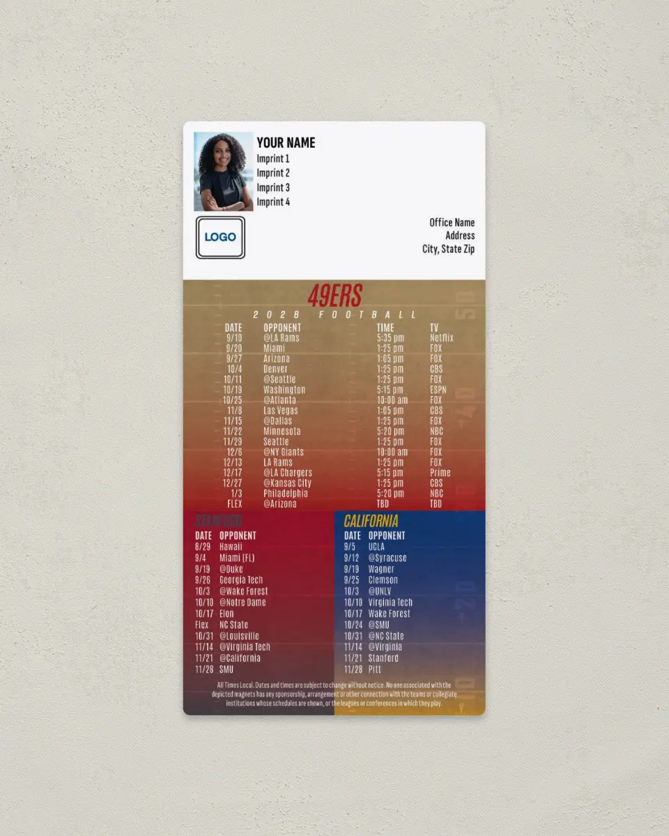 This is a 7" x 3½" Football Schedule Magnet called 49ers + Stanford University + University of California printed in full color