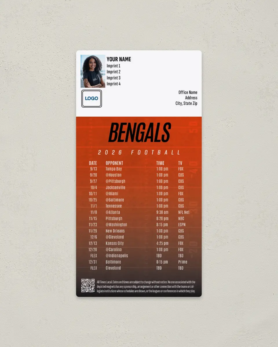 This is a 7" x 3½" Football Schedule Magnet called Cincinnati Bengals printed in full color