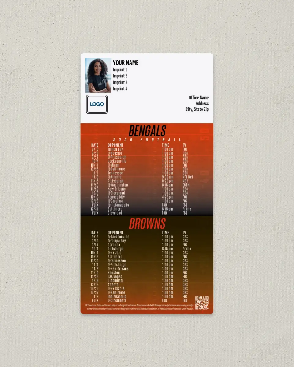 This is a 7" x 3½" Football Schedule Magnet called Bengals + Browns printed in full color