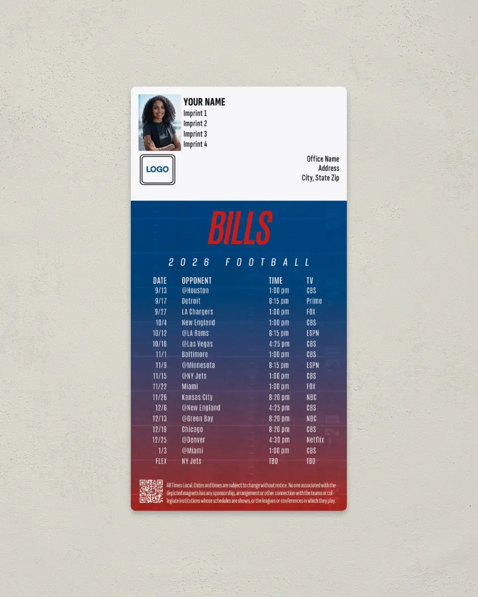 This is a 7" x 3½" Football Schedule Magnet called Buffalo Bills printed in full color