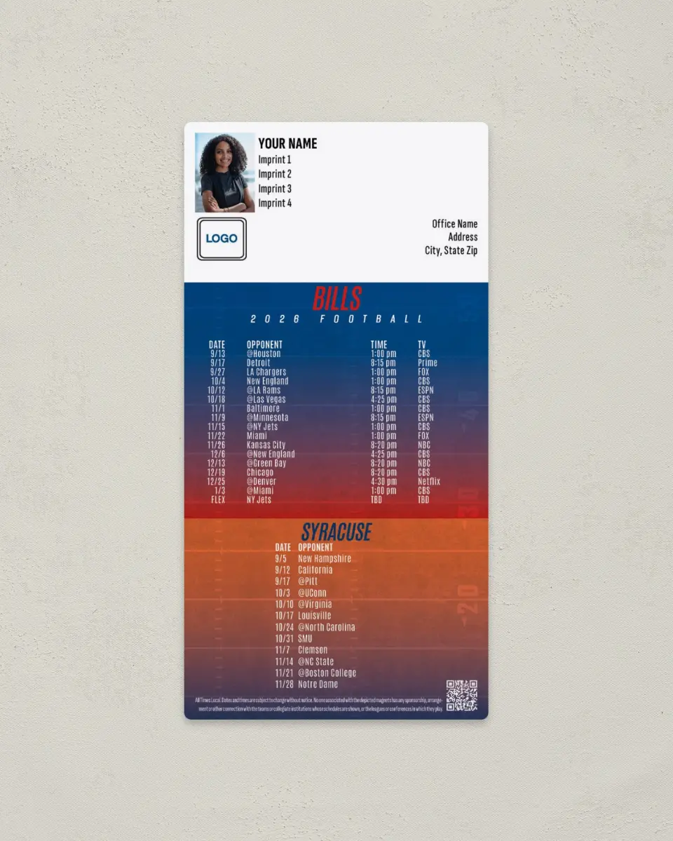 This is a 7" x 3½" Football Schedule Magnet called Bills + Syracuse printed in full color
