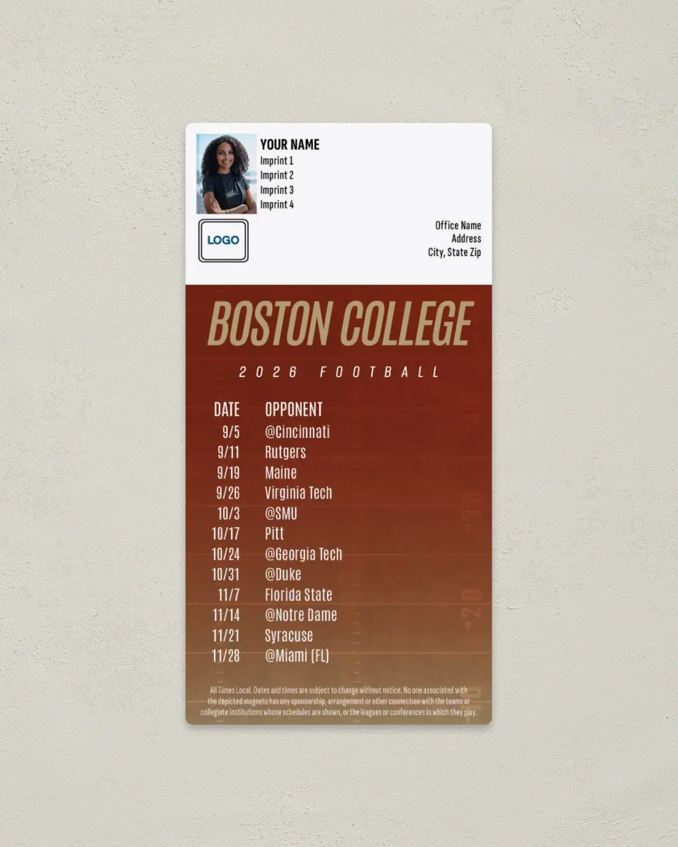 This is a 7" x 3½" Football Schedule Magnet called Boston College printed in full color