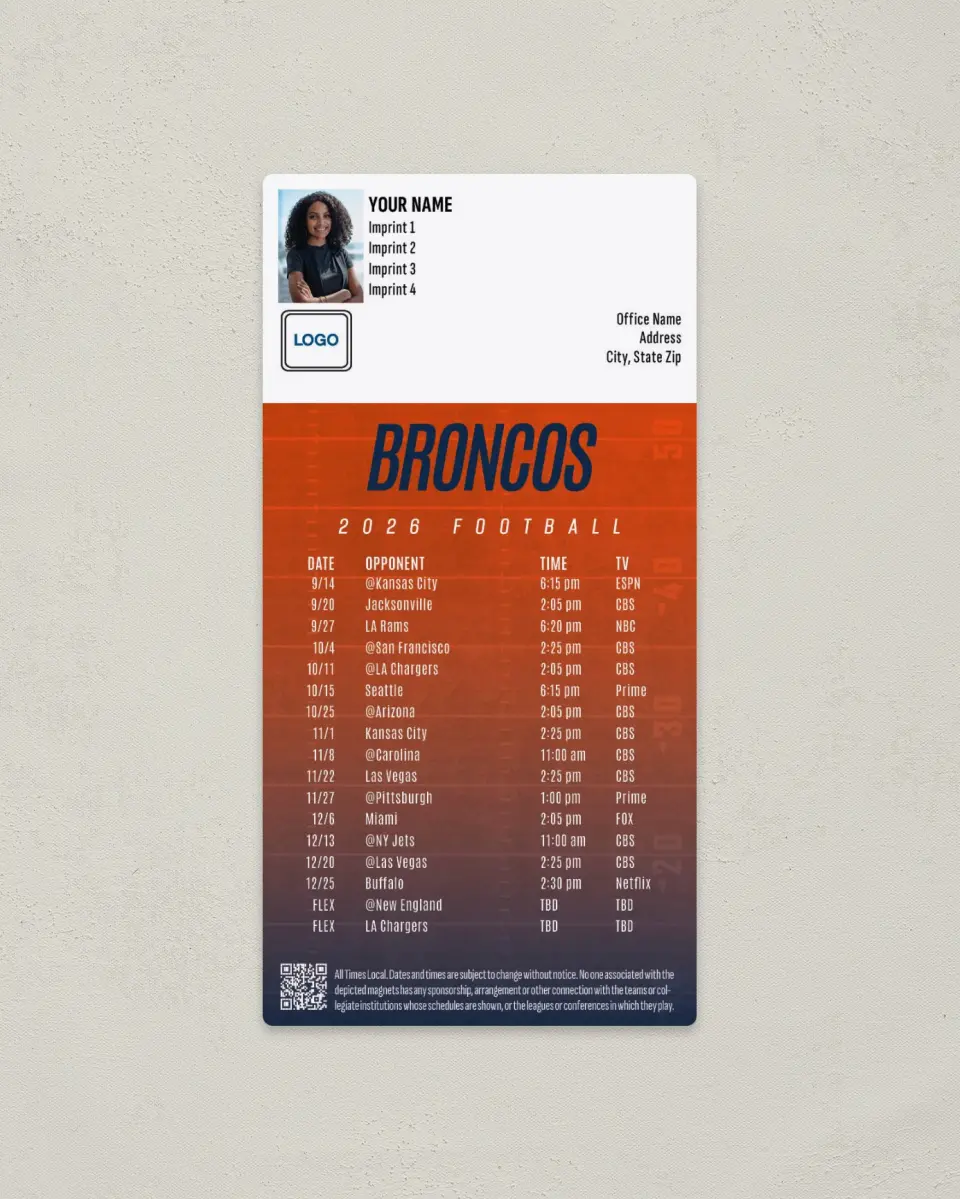 This is a 7" x 3½" Football Schedule Magnet called Denver Broncos printed in full color