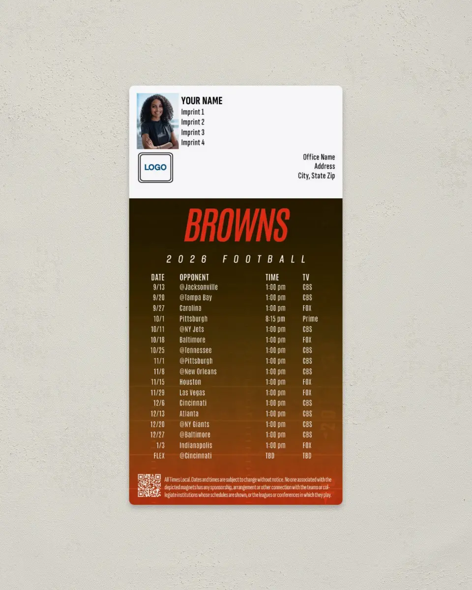 This is a 7" x 3½" Football Schedule Magnet called Cleveland Browns printed in full color