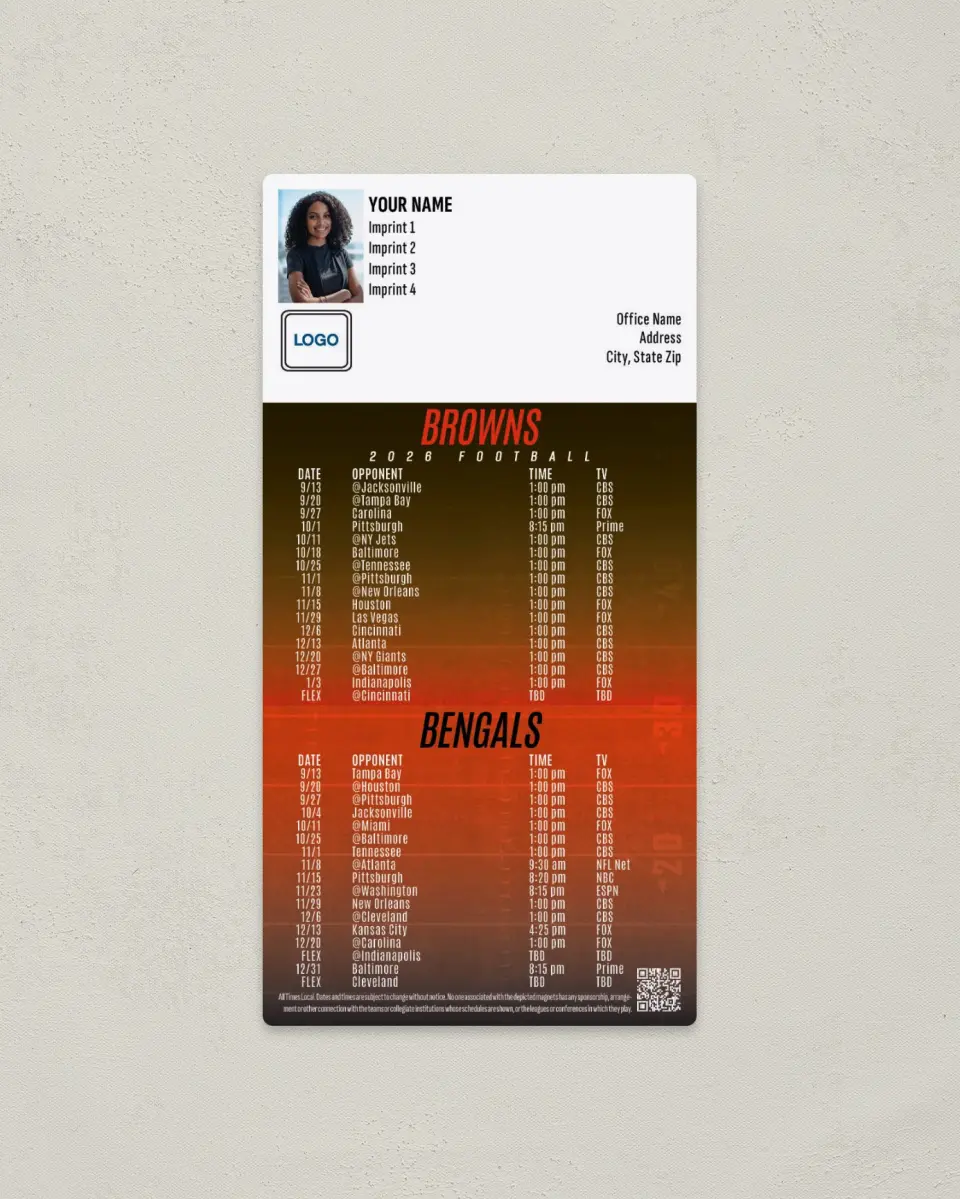 This is a 7" x 3½" Football Schedule Magnet called Browns + Bengals printed in full color