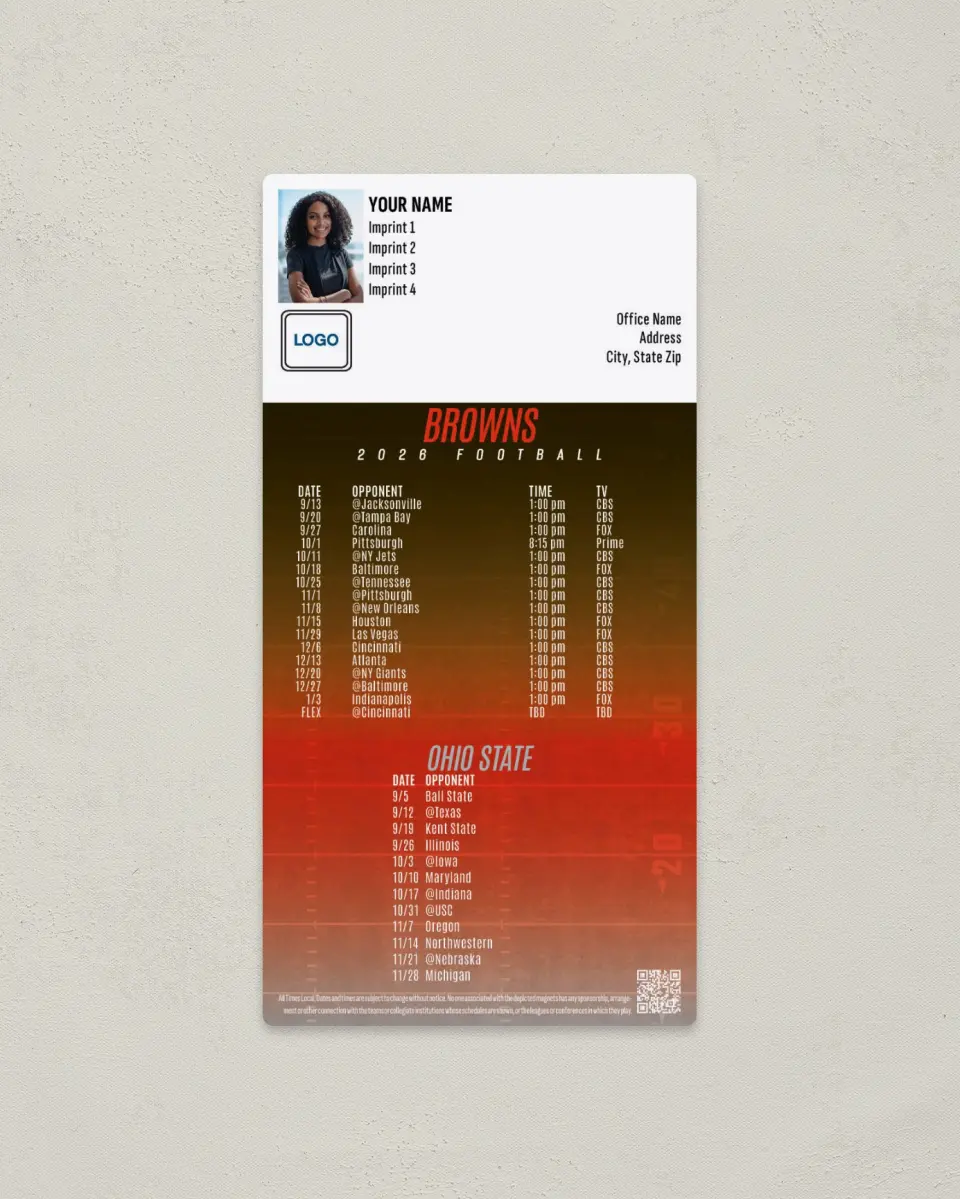 This is a 7" x 3½" Football Schedule Magnet called Browns + Ohio State printed in full color