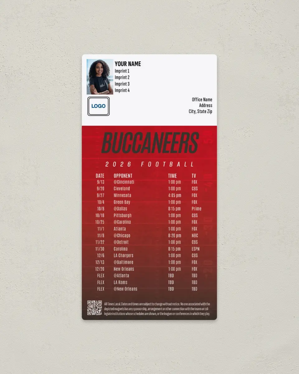 This is a 7" x 3½" Football Schedule Magnet called Tampa Bay Buccaneers printed in full color