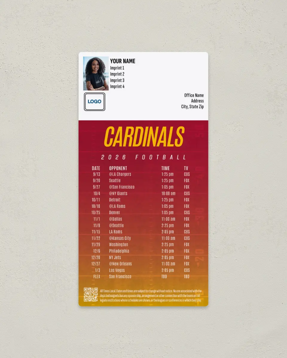 This is a 7" x 3½" Football Schedule Magnet called Arizona Cardinals printed in full color