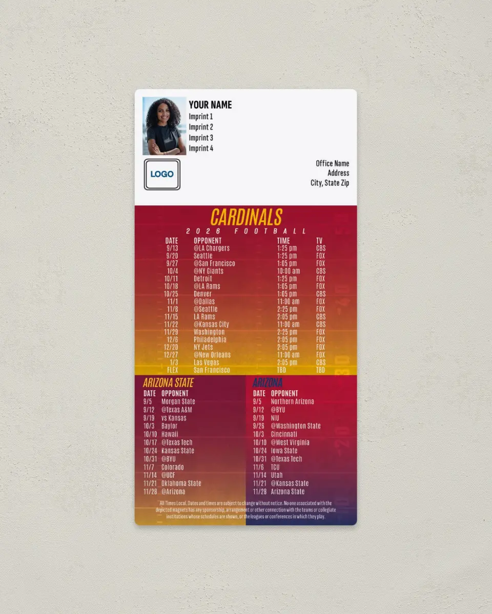 This is a 7" x 3½" Football Schedule Magnet called Cardinals + Arizona State Sun Devils + Arizona Wildcats printed in full color