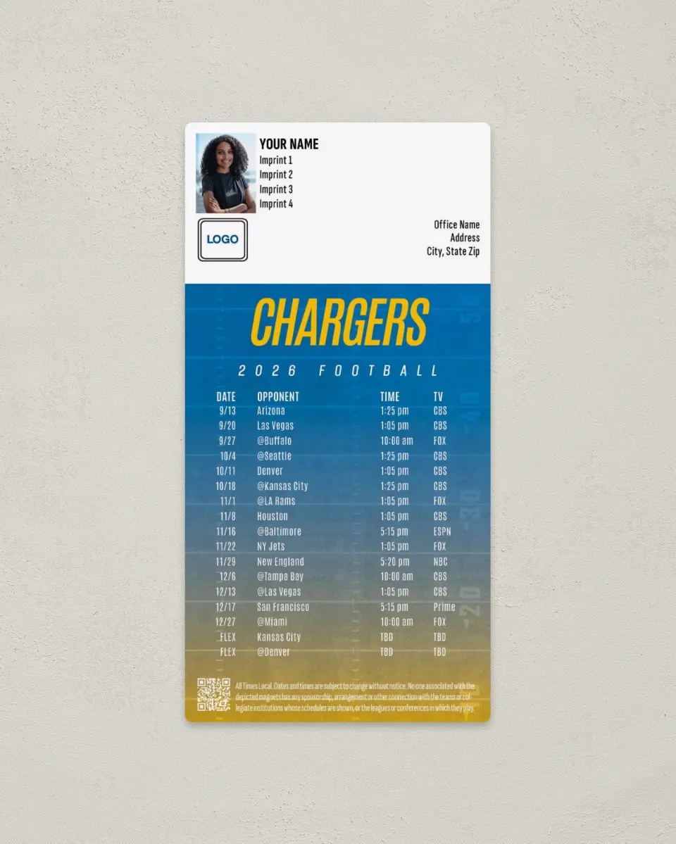 This is a 7" x 3½" Football Schedule Magnet called Los Angeles Chargers printed in full color