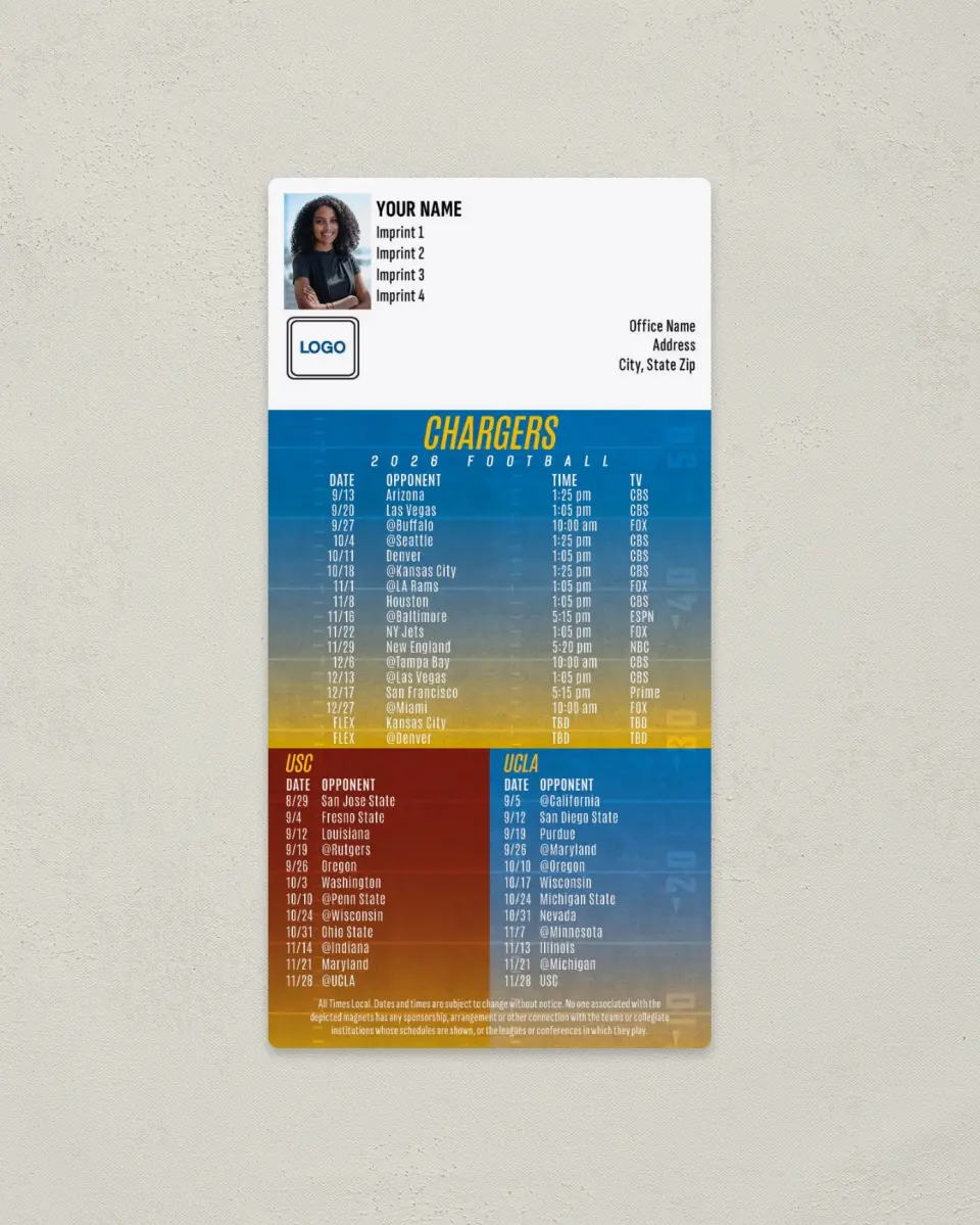 This is a 7" x 3½" Football Schedule Magnet called Chargers + USC + UCLA printed in full color