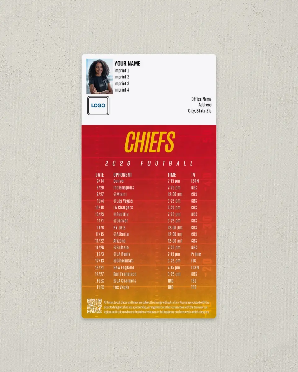 This is a 7" x 3½" Football Schedule Magnet called Kansas City Chiefs printed in full color