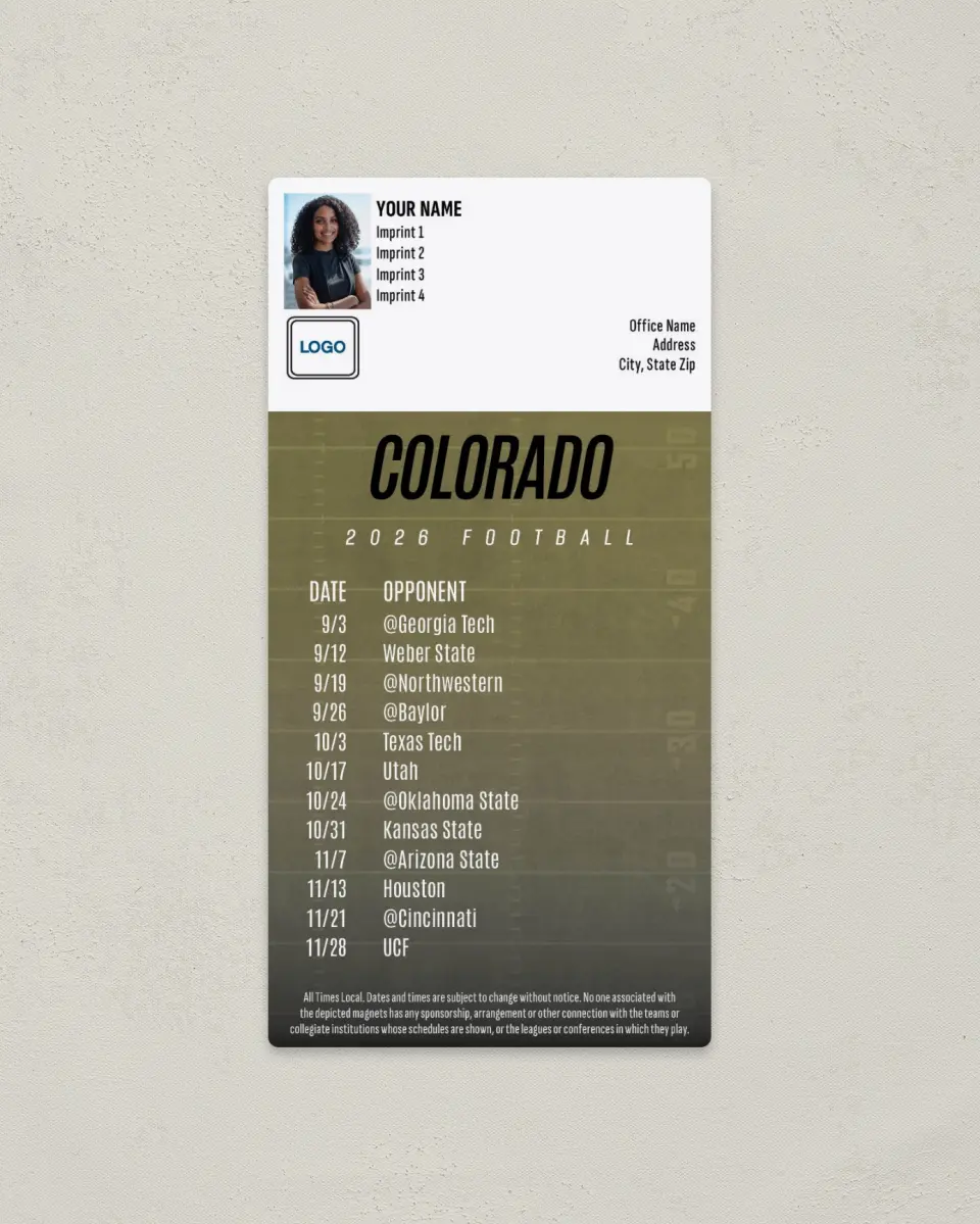 This is a 7" x 3½" Football Schedule Magnet called Colorado Buffaloes printed in full color