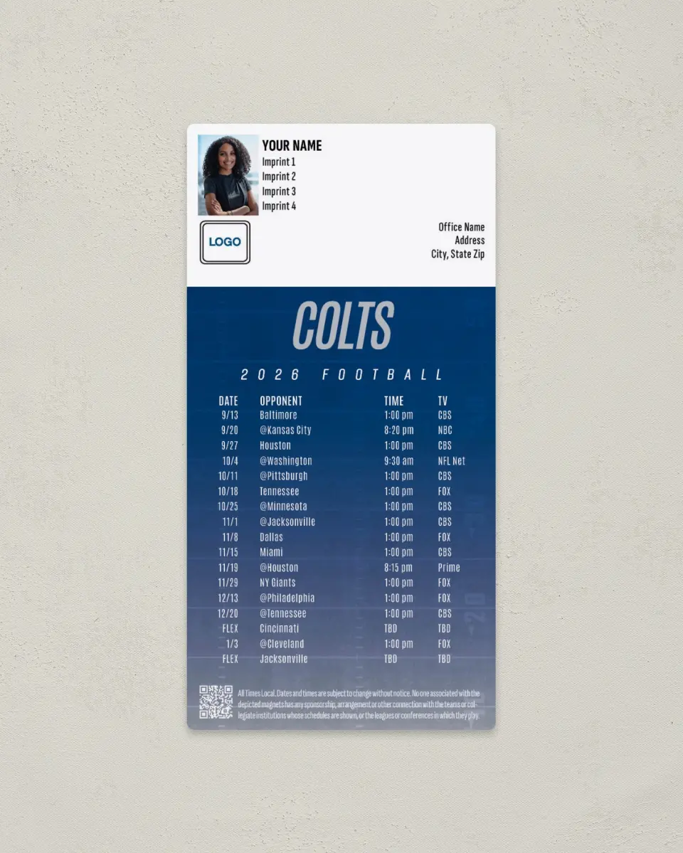 This is a 7" x 3½" Football Schedule Magnet called Indianapolis Colts printed in full color