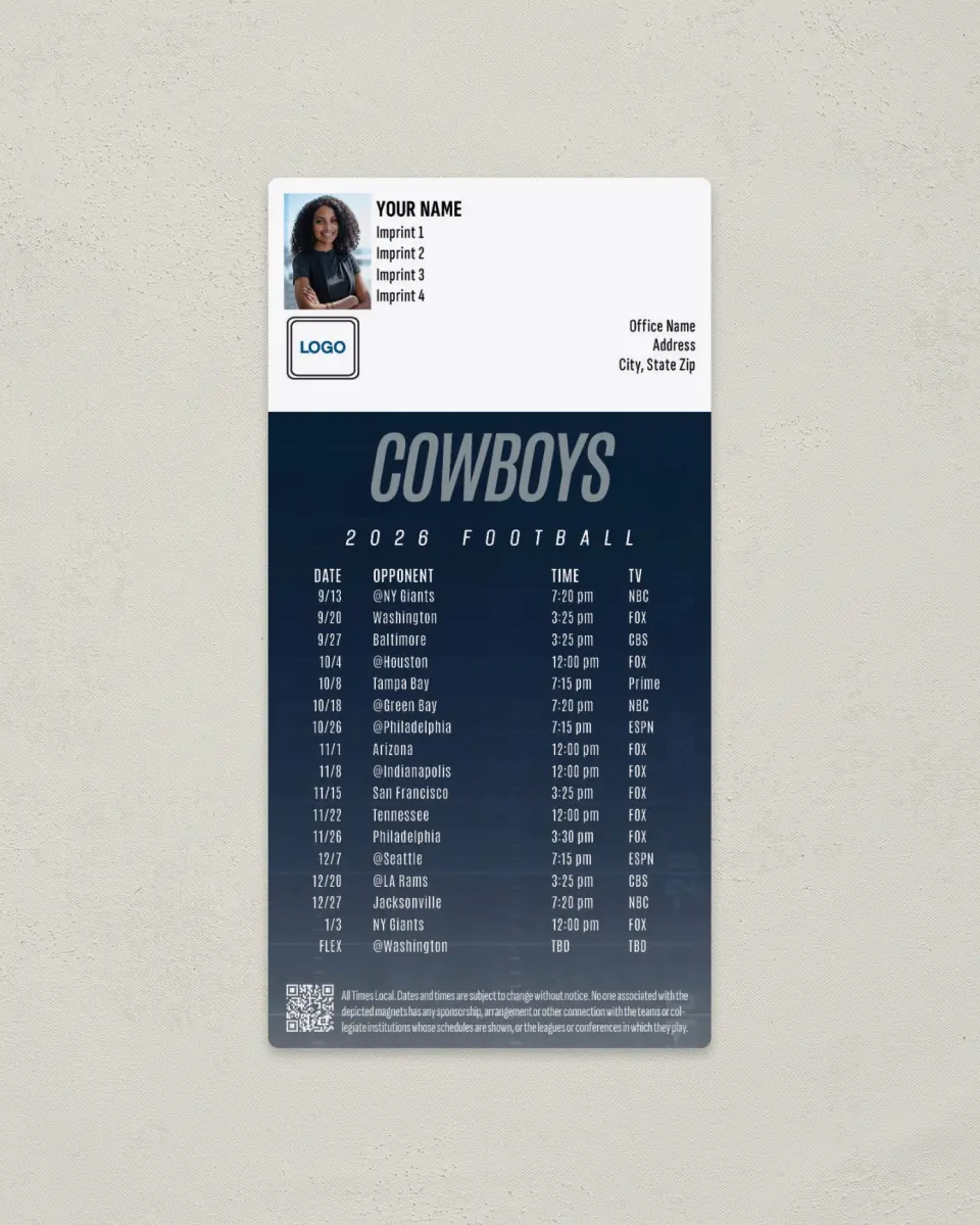 This is a 7" x 3½" Football Schedule Magnet called Dallas Cowboys printed in full color