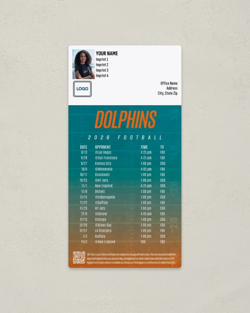 This is a 7" x 3½" Football Schedule Magnet called Miami Dolphins printed in full color