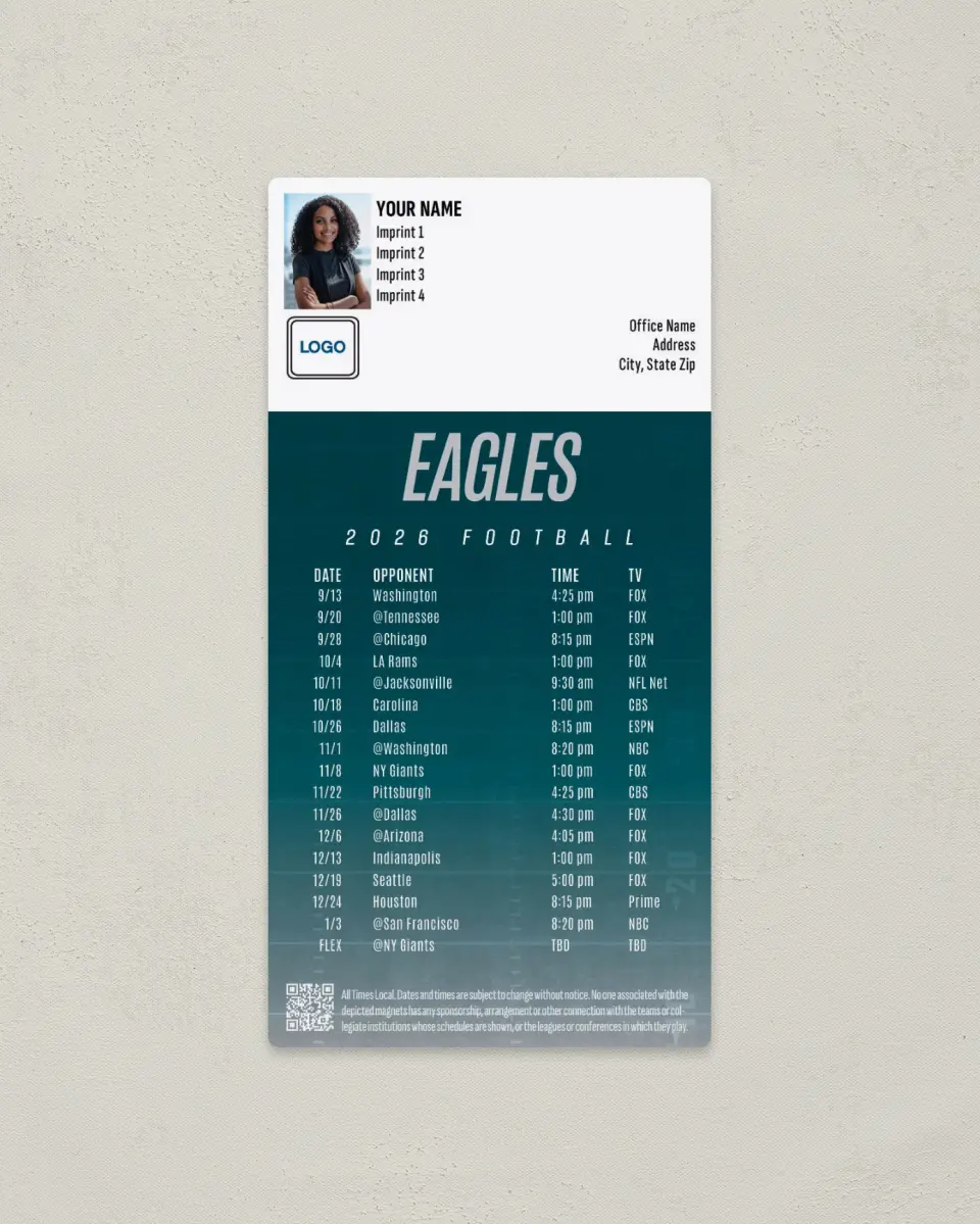 This is a 7" x 3½" Football Schedule Magnet called Philadelphia Eagles printed in full color