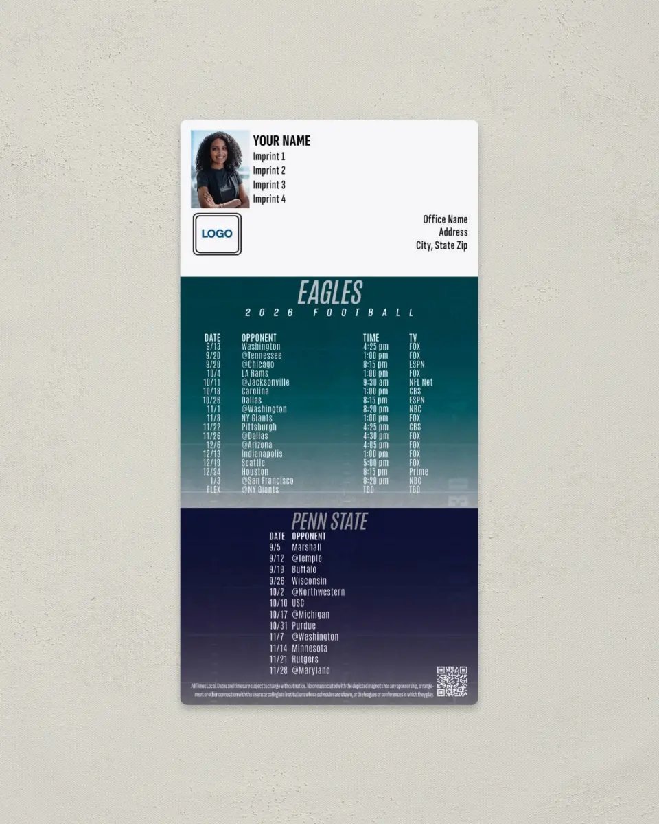 This is a 7" x 3½" Football Schedule Magnet called Eagles + Penn State printed in full color